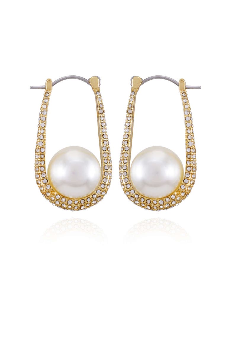 Pave and Pearl Drop Earrings, Main, color, 14K Gold Plated