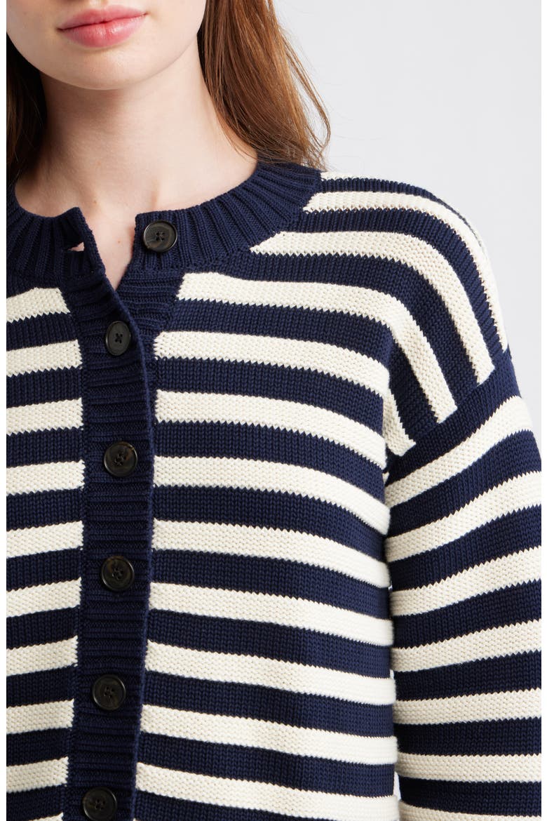 Button Front Cotton Crewneck Cardigan, Alternate, color, CLASSIC IVORY STRIPE