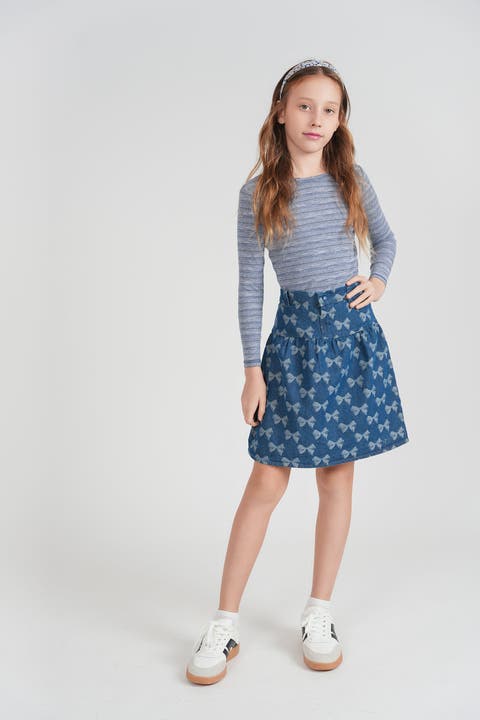 Girls Bow Print Denim Skirt