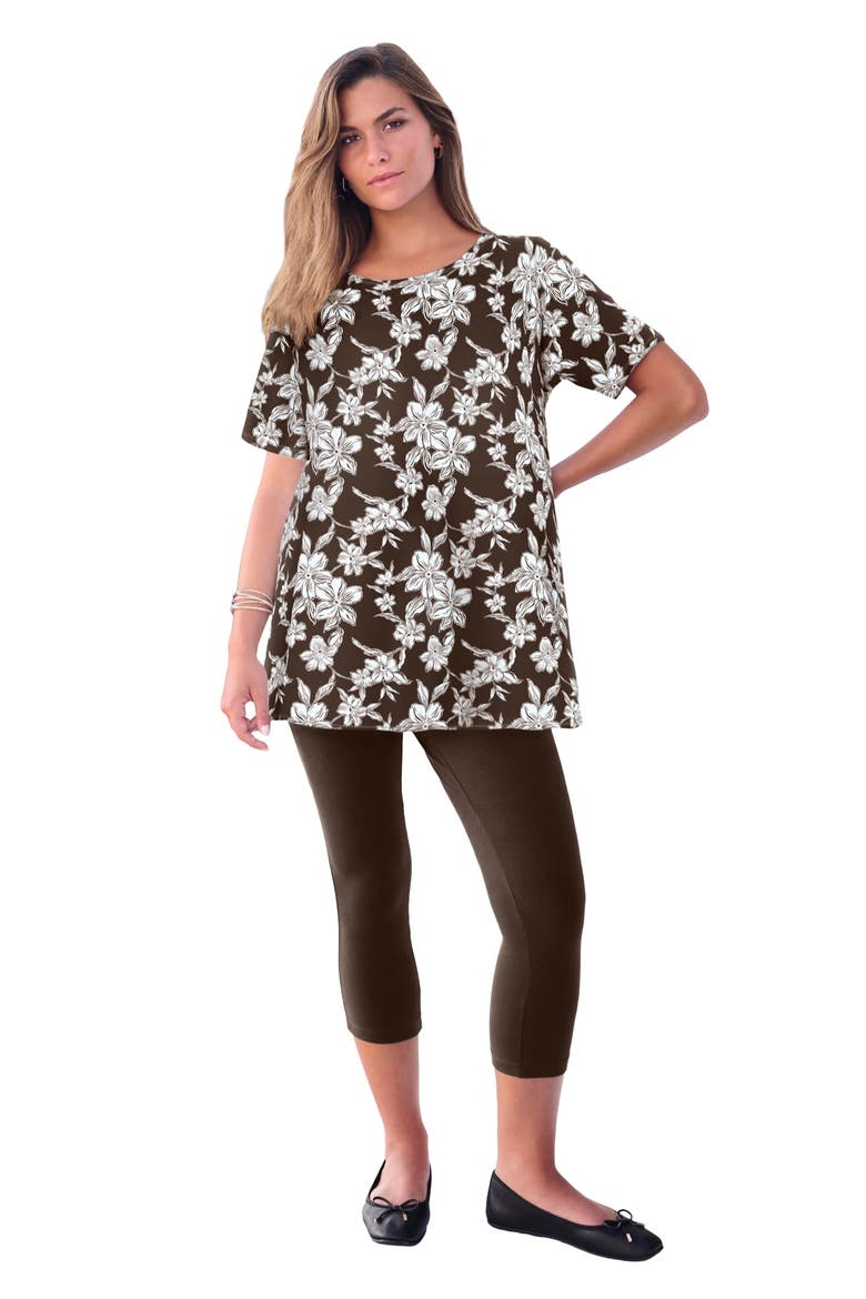 Plus Size Ultimate Cotton Crewneck Short Sleeve Swing Tee, Main, color, CHOCOLATE CROCUS FLOWERS