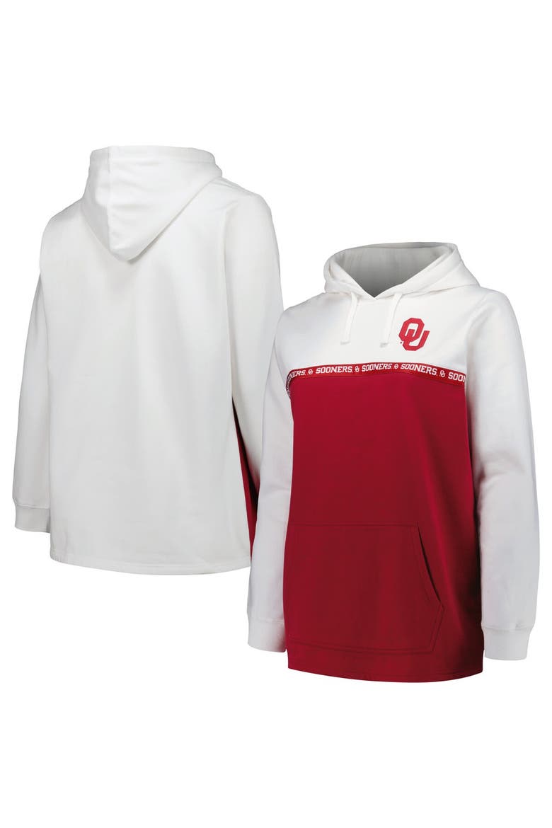 Women's Profile White/Crimson Oklahoma Sooners Plus Size Taping Pullover Hoodie, Main, color, White