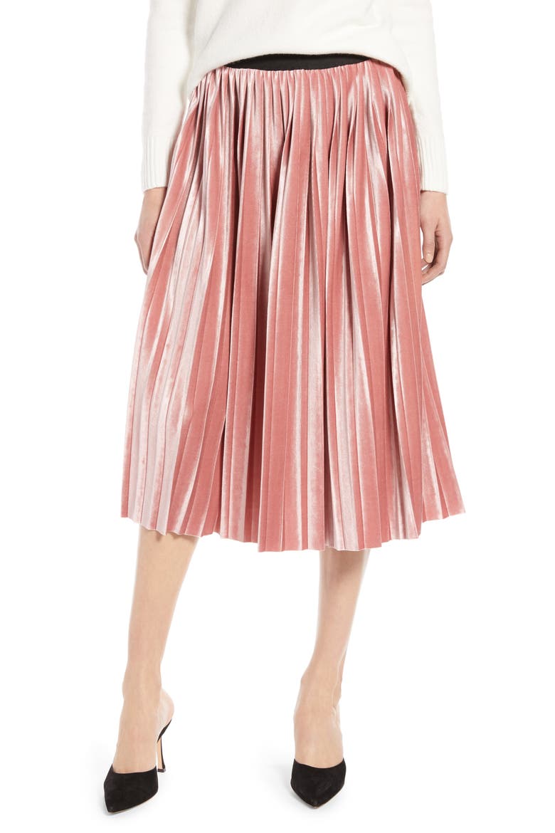Velvet Pleated Midi Skirt, Main, color, PINK MESA