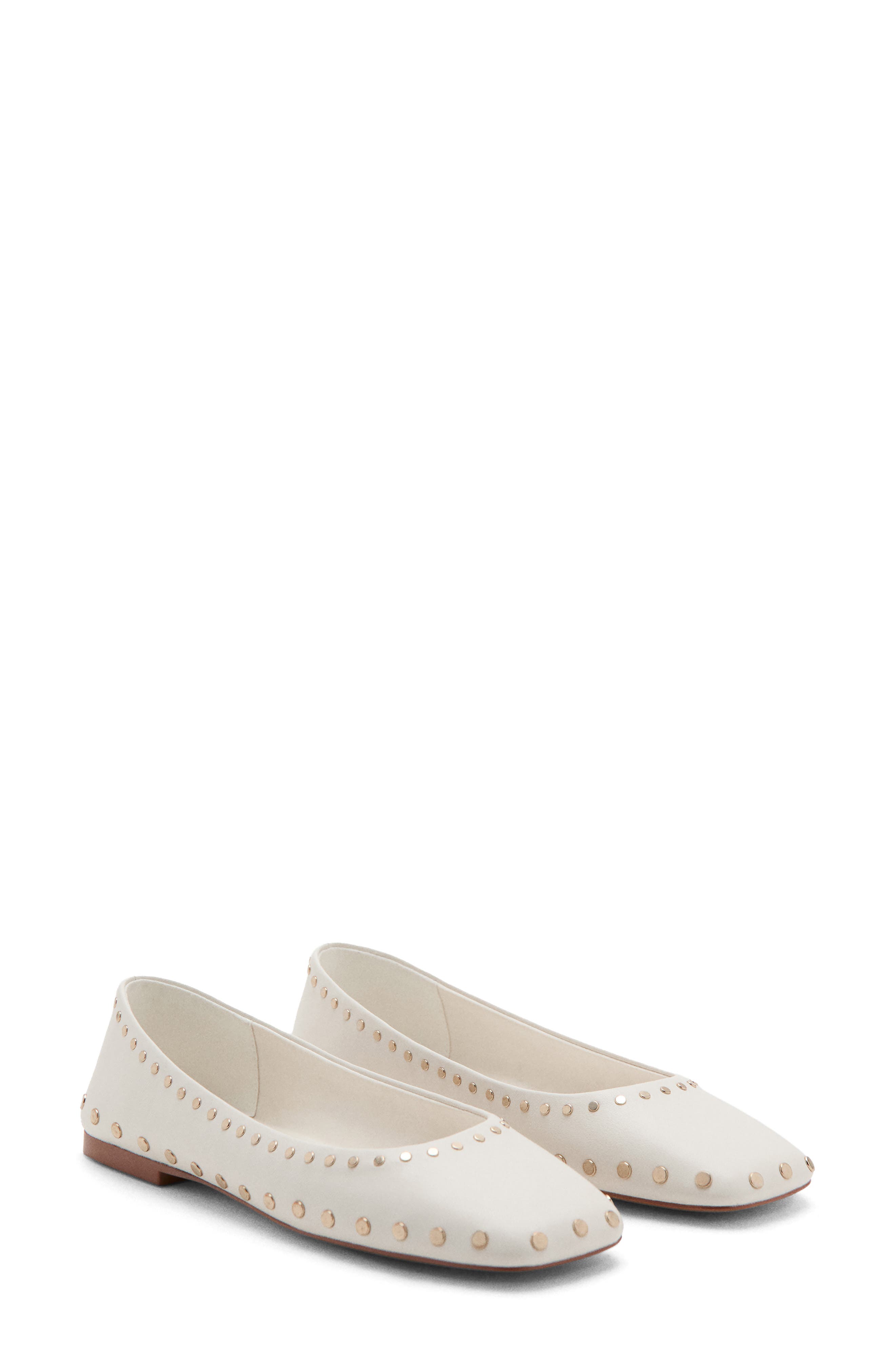 Studded Square Toe Faux Leather Ballet Flat, Main, color, WHITE