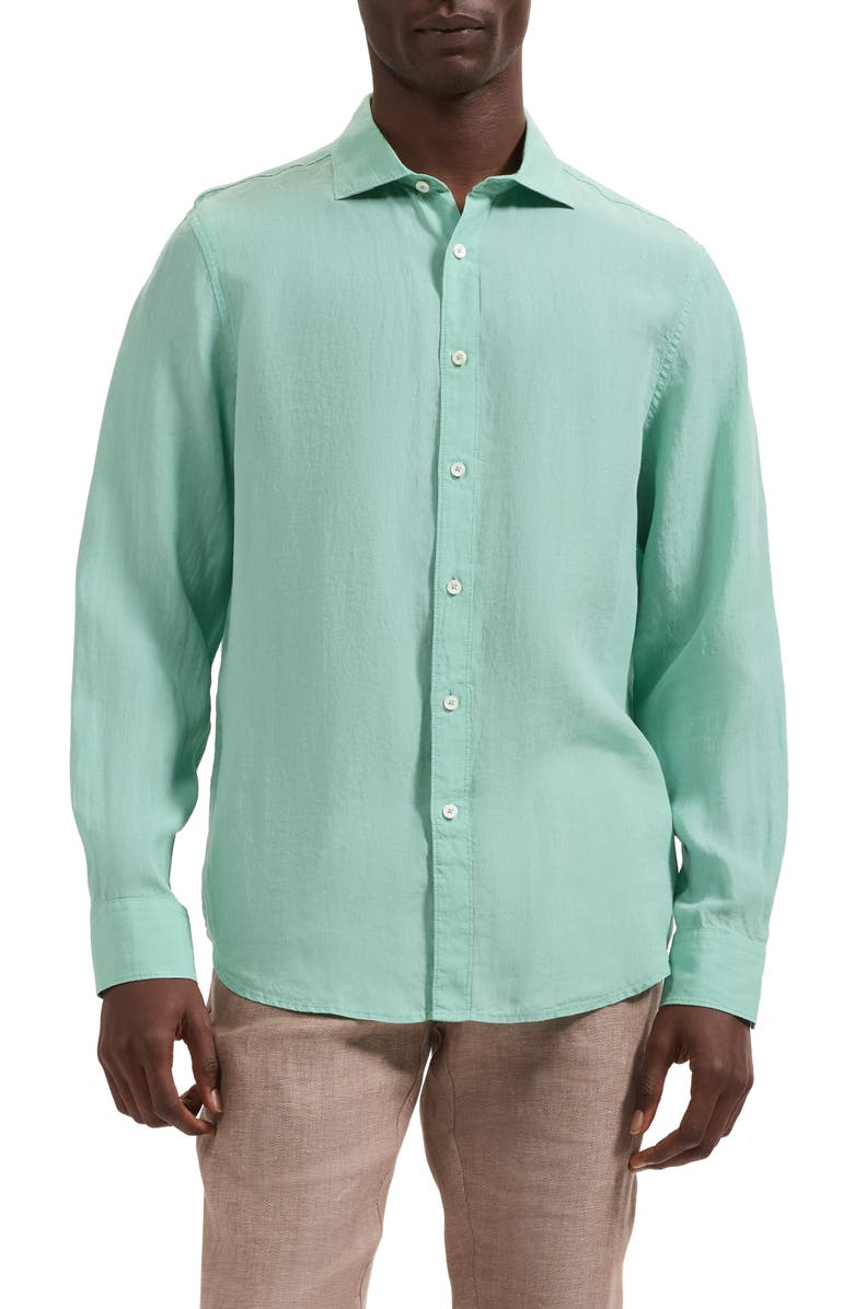 Bugatchi Axel Shaped Fit Linen Button-Up Shirt, Main, color, Menthol