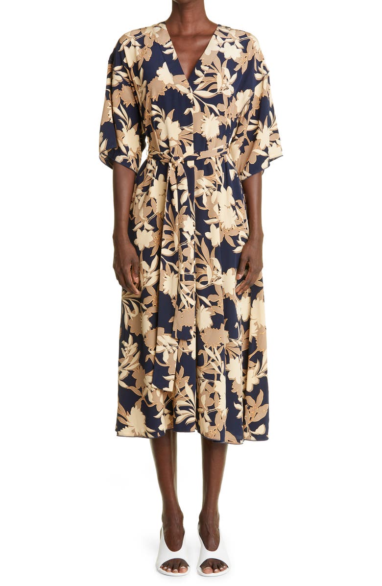 St. John Collection Floral Print Belted Silk Blend Midi Dress, Main, color, 