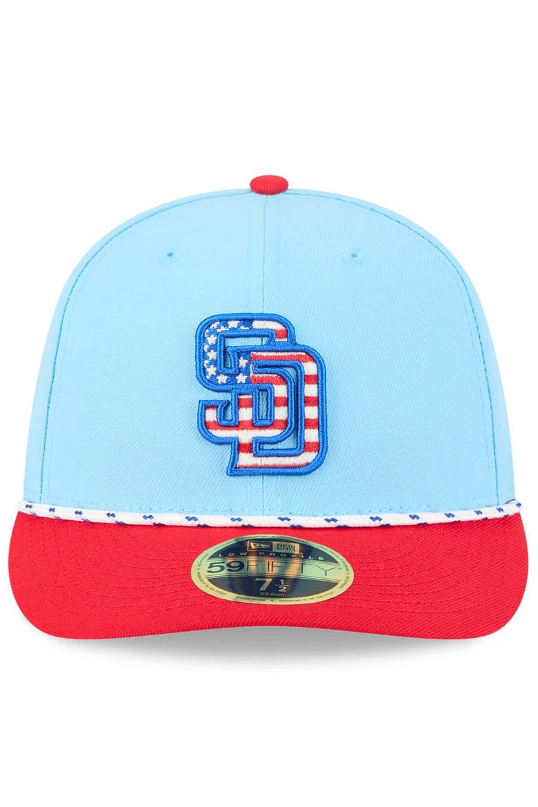Men's New Era Light Blue/Red San Diego Padres 2025 Fourth of July Low Profile 59FIFTY Fitted Hat, Alternate, color, Light Blue