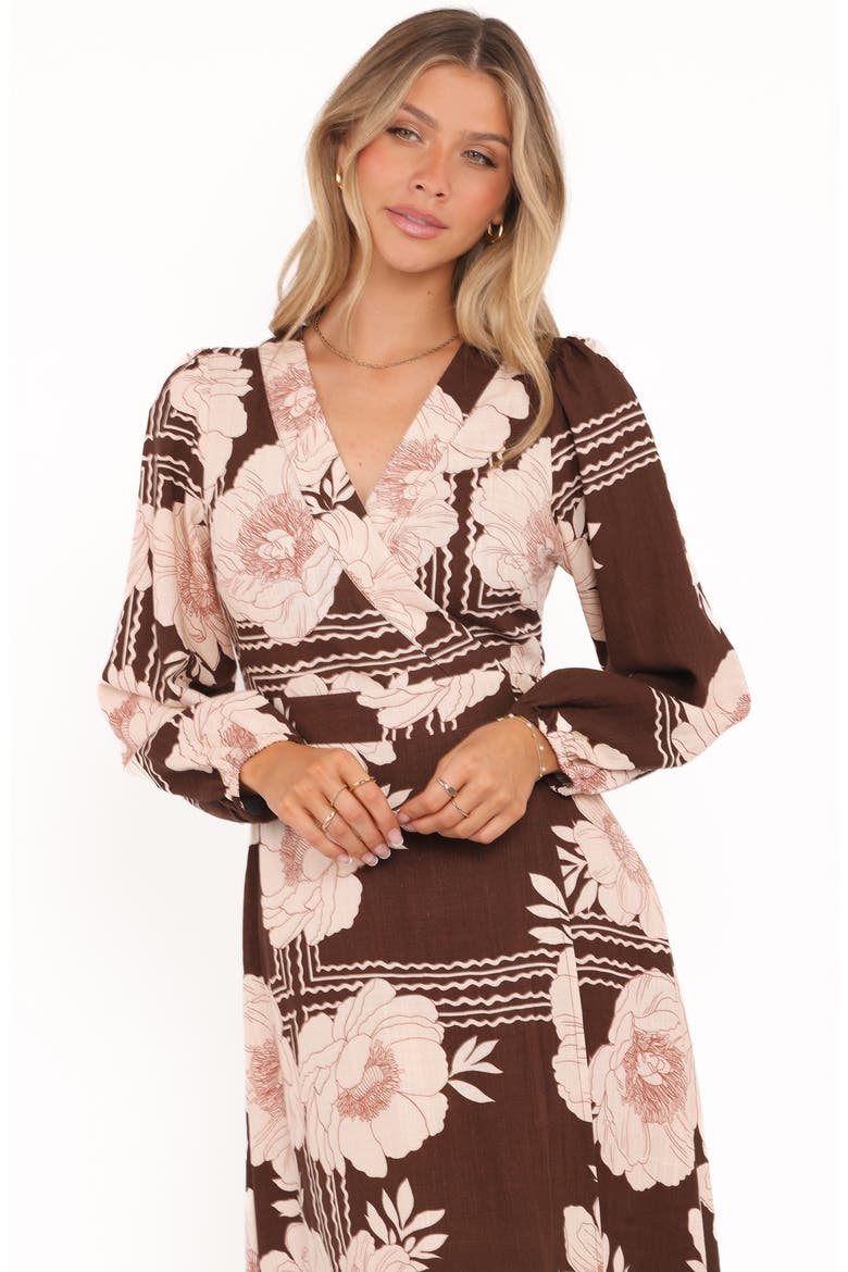 Safia Faux Wrap Midi Dress, Alternate, color, BROWN FLORAL