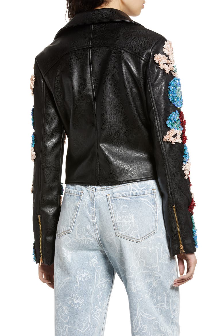 Embellished Floral Belted Faux Leather Moto Jacket, Alternate, color, BLACK