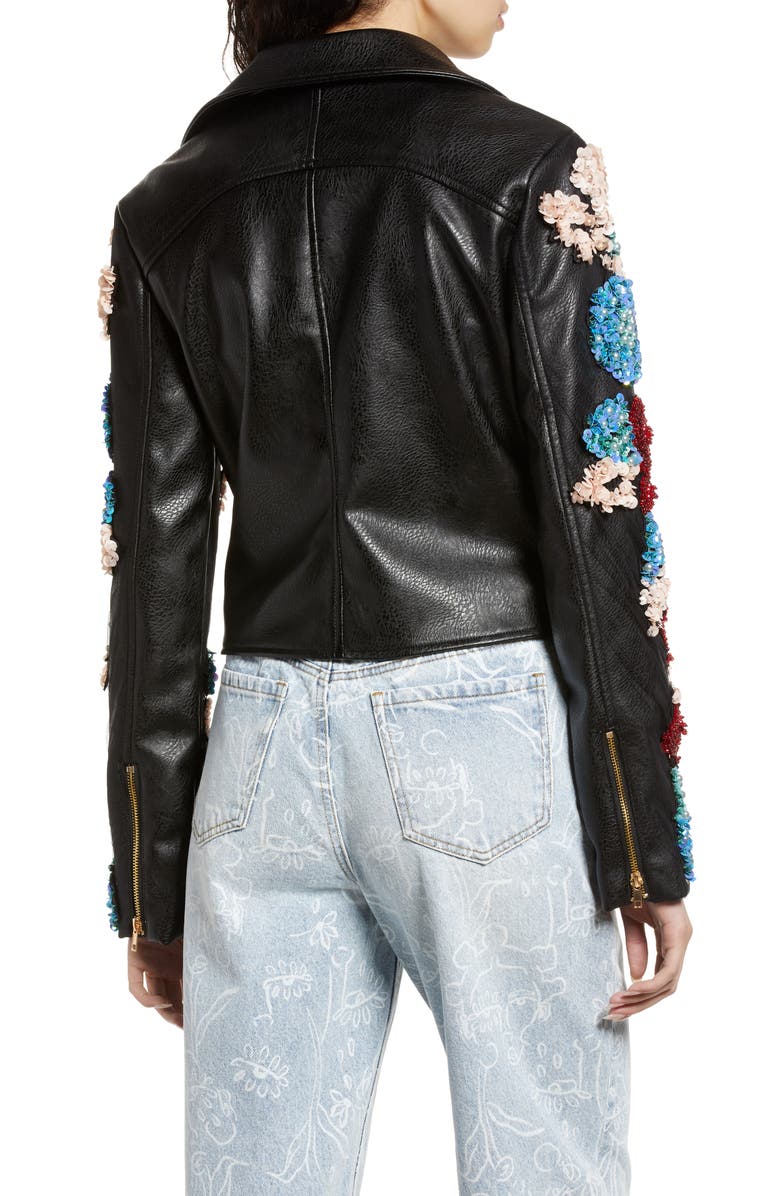 AZALEA WANG Embellished Floral Belted Faux Leather Moto Jacket, Alternate, color, 