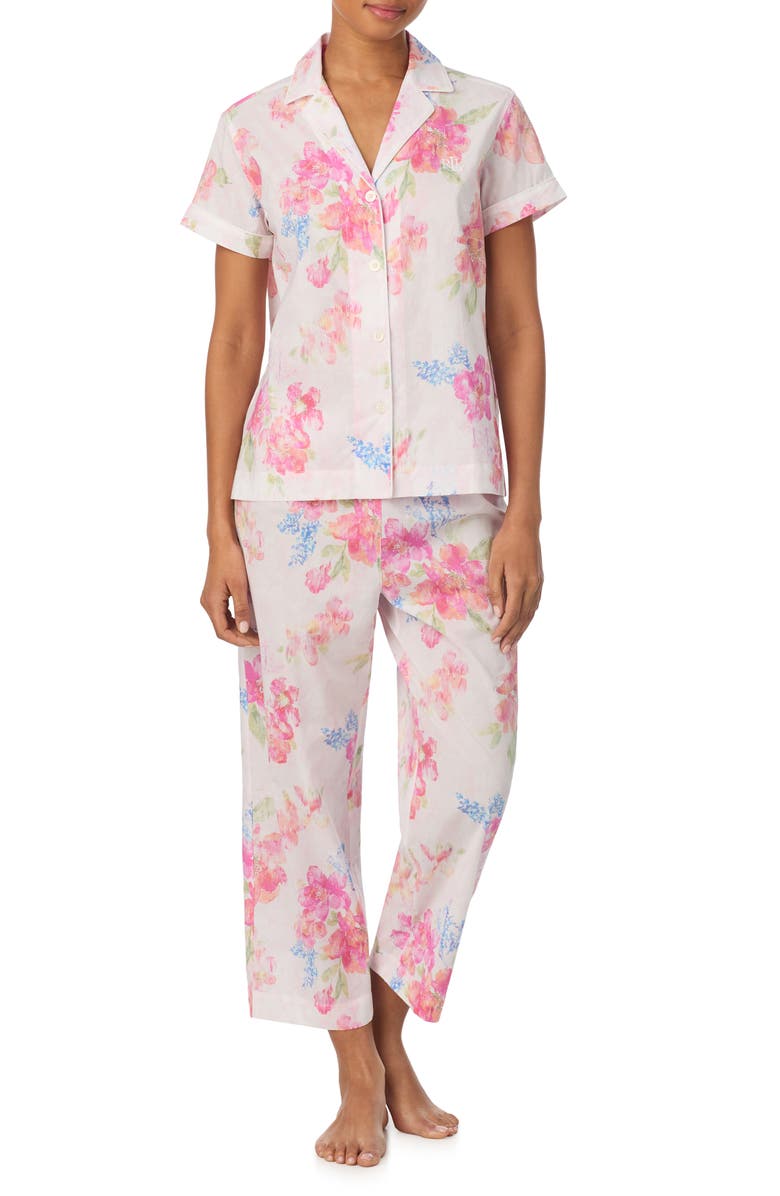 Lauren Ralph Lauren Cotton Blend Crop Pajamas, Main, color, Pink Floral