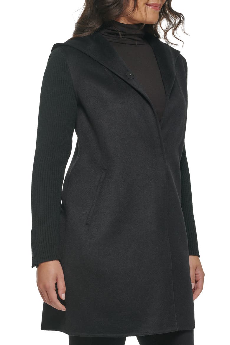 Double Face Wool Blend Hooded Coat, Alternate, color, BLACK