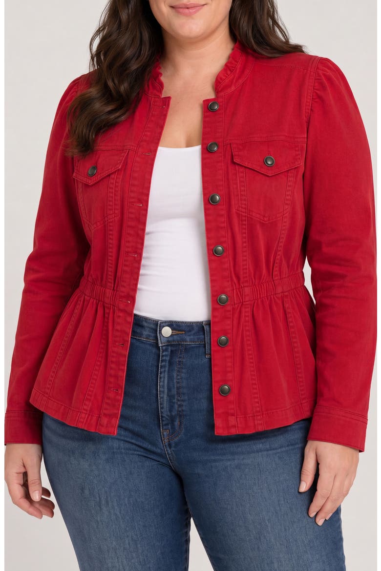 Ruffle Neck Puff Sleeve Trucker Jacket, Main, color, SUNDANCE RED