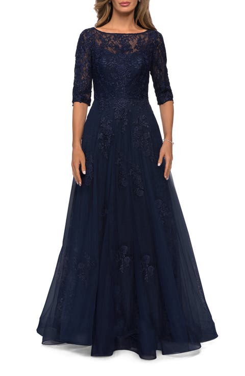 Lace and Tulle A-line Gown with Three Quarter Sleeves