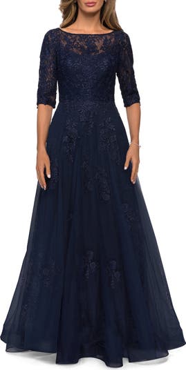 Lace and Tulle A-line Gown with Three Quarter Sleeves