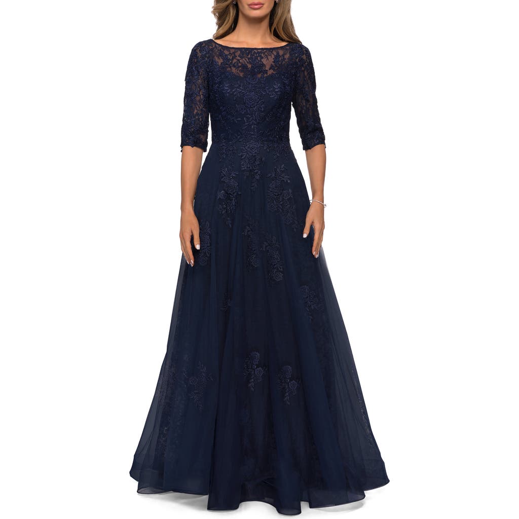 La Femme Lace And Tulle A-line Gown With Three Quarter Sleeves In Navy