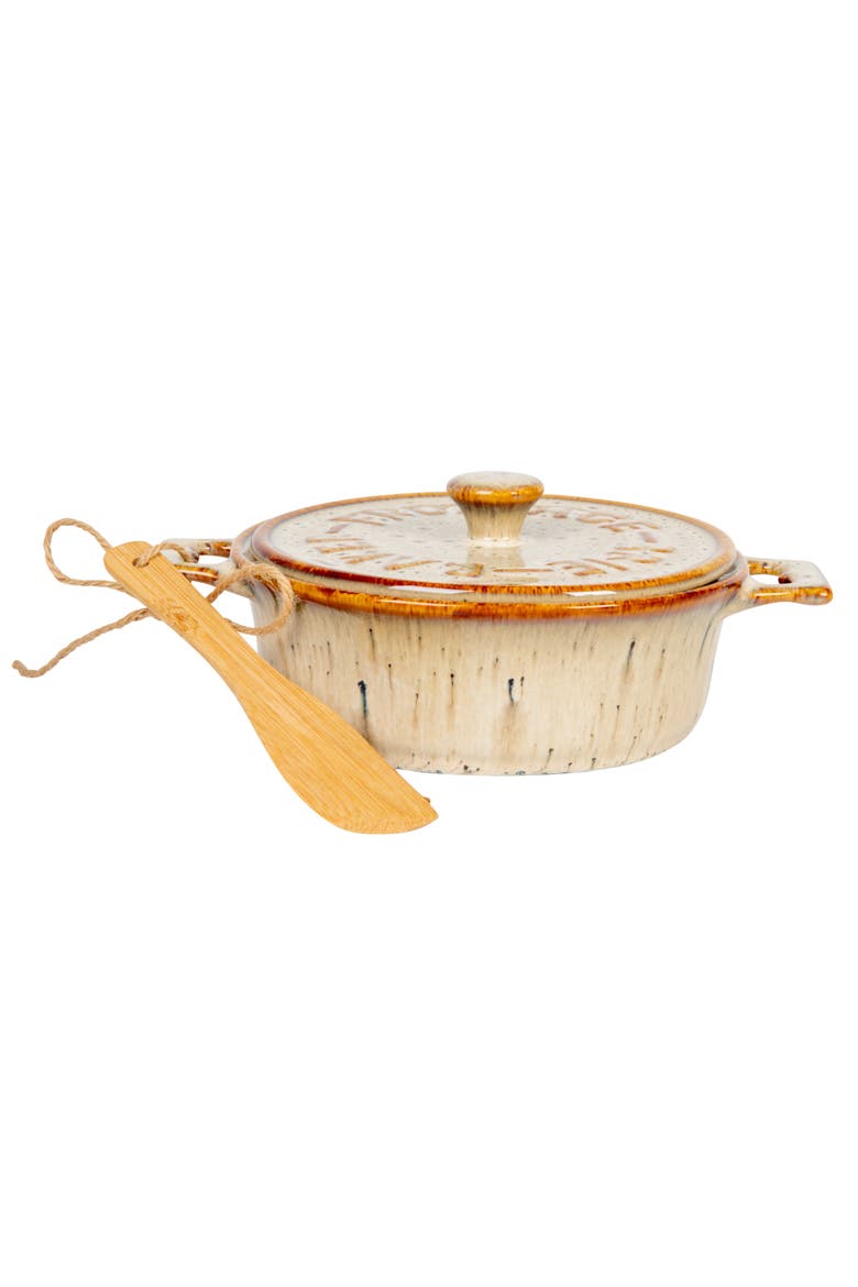 9 Inches Stoneware Brie Baker with Wood Canapé Spreader Knife, Alternate, color, Brown