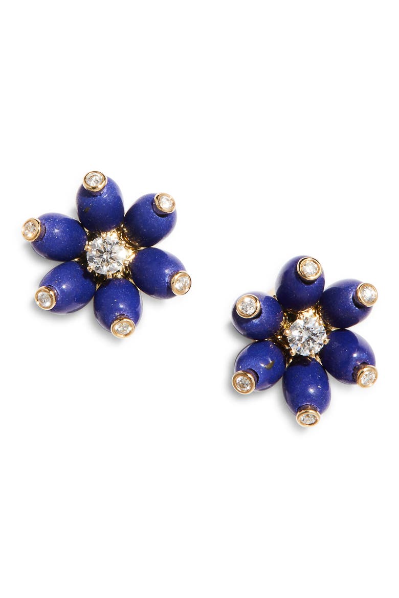 Cactus Diamond Flower Stud Earrings, Main, color, LAPIS/ DIAMOND