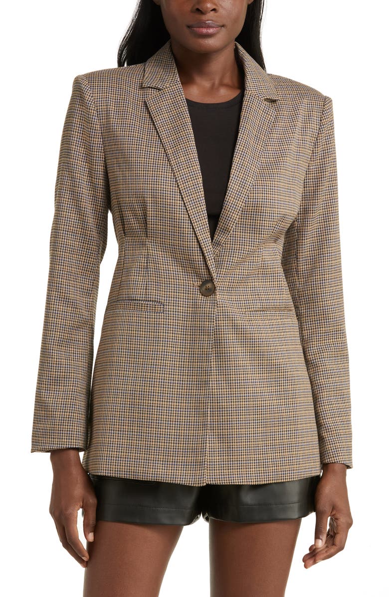 Steve Madden Cinched Waist Houndstooth Plaid Blazer, Alternate, color, Blue/ Yellow Houndstooth Plaid