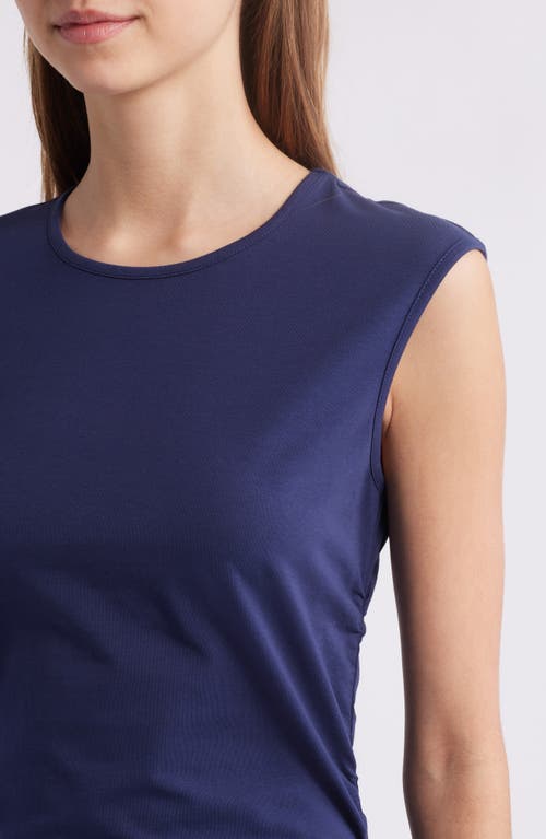 Charles Henry Ruched Sleeveless Stretch Cotton Midi Dress In Navy