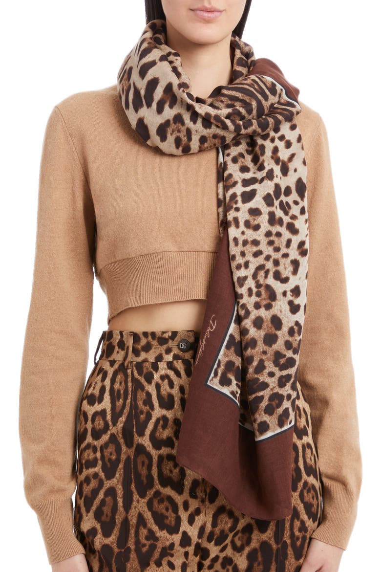 Leopard Print Signature Border Scarf, Alternate, color, LIGHT BROWN PRINT