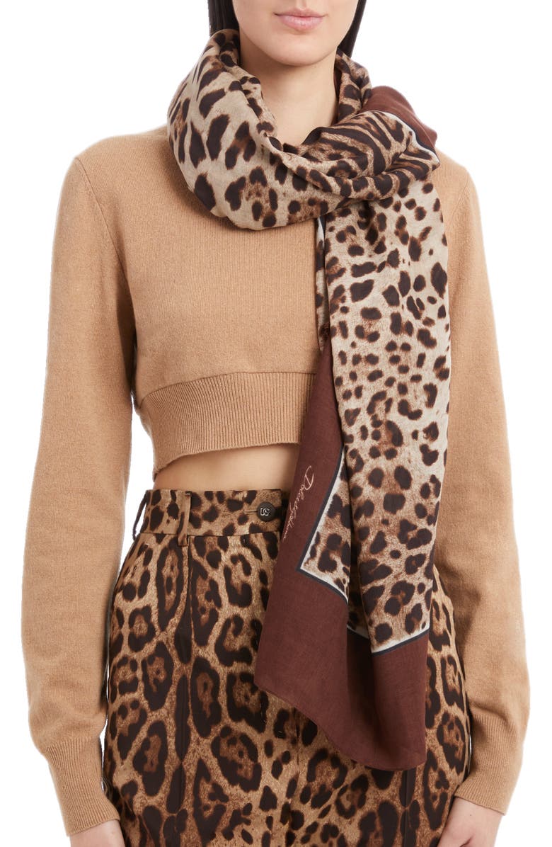 Dolce&Gabbana Leopard Print Signature Border Scarf, Alternate, color, Light Brown Print