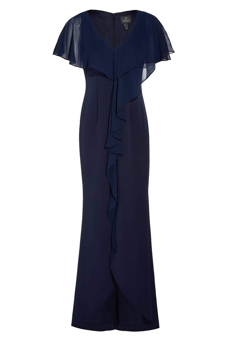 Chiffon Overlay Crepe Mermaid Gown, Alternate, color, NAVY