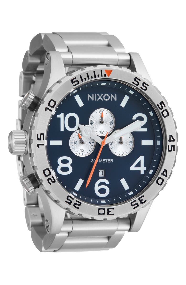 Nixon 51-30 Chronograph Bracelet Watch, 51mm, Alternate, color, Silver / Midnight