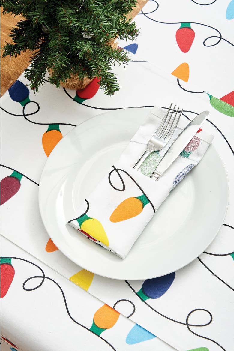 Christmas String Lights Printed 100% Cotton Table Runner 14" x 72", Alternate, color, White