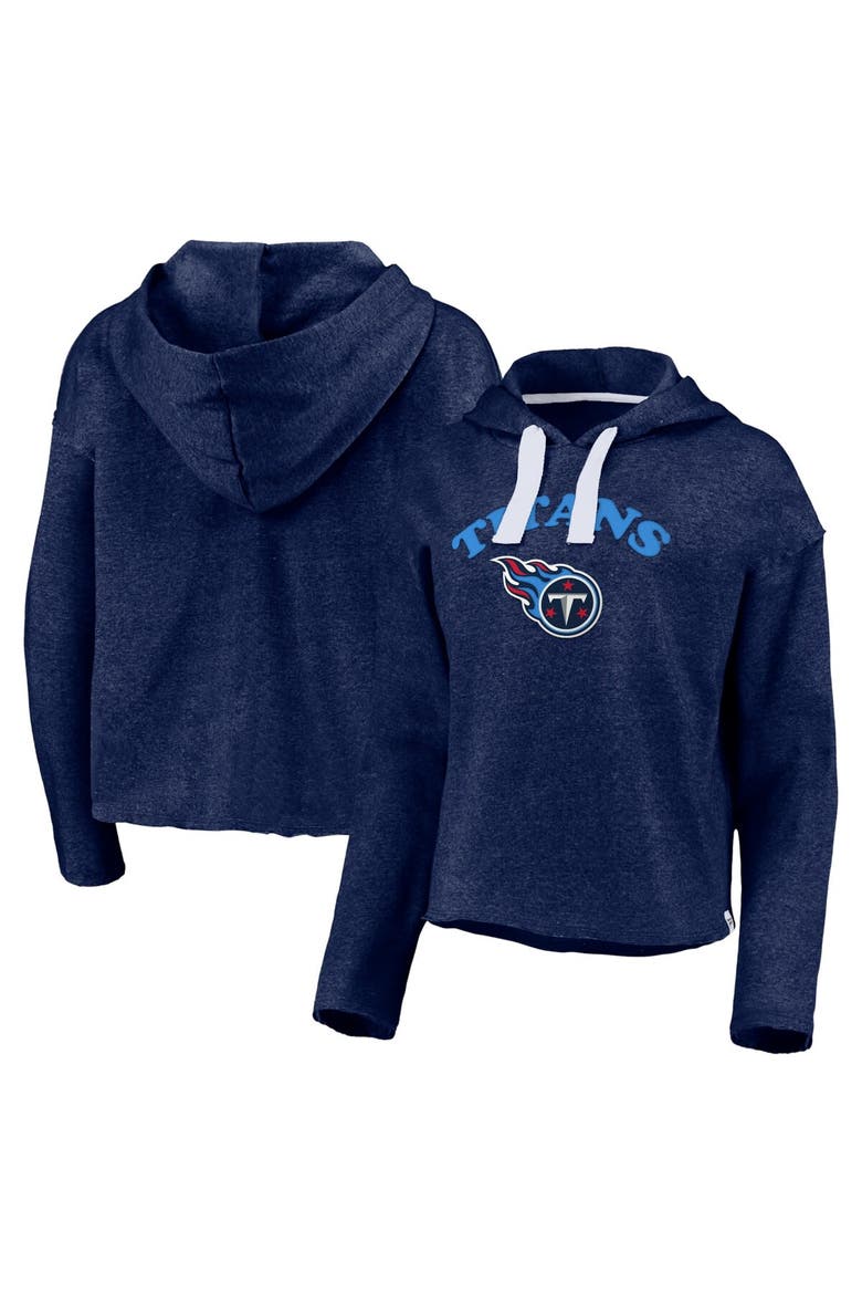 Women's Fanatics Branded Heathered Navy Tennessee Titans Historic Logo Sport Resort Vintage Arc Cropped Raw Edge Pullover Hoodie, Main, color, Heather Navy