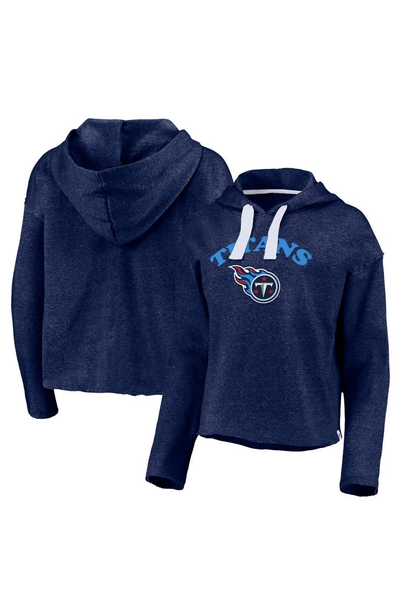 FANATICS Women's Fanatics Branded Heathered Navy Tennessee Titans Historic Logo Sport Resort Vintage Arc Cropped Raw Edge Pullover Hoodie, Main, color, Heather Navy