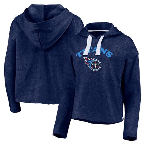 Women's Fanatics Branded Heathered Navy Tennessee Titans Historic Logo Sport Resort Vintage Arc Cropped Raw Edge Pullover Hoodie