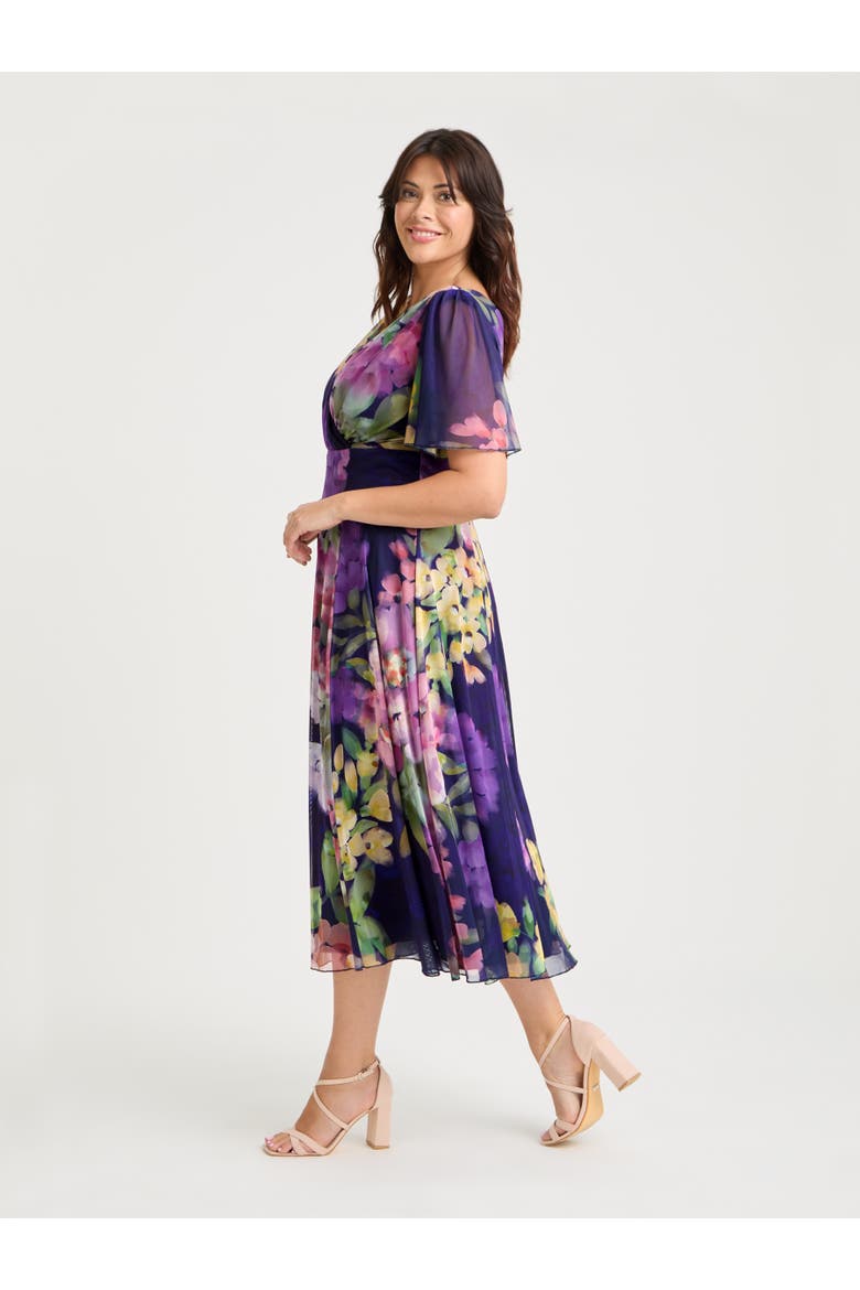 Victoria Floral Angel Sleeve Midi Dress, Alternate, color, Navy Purple Multi