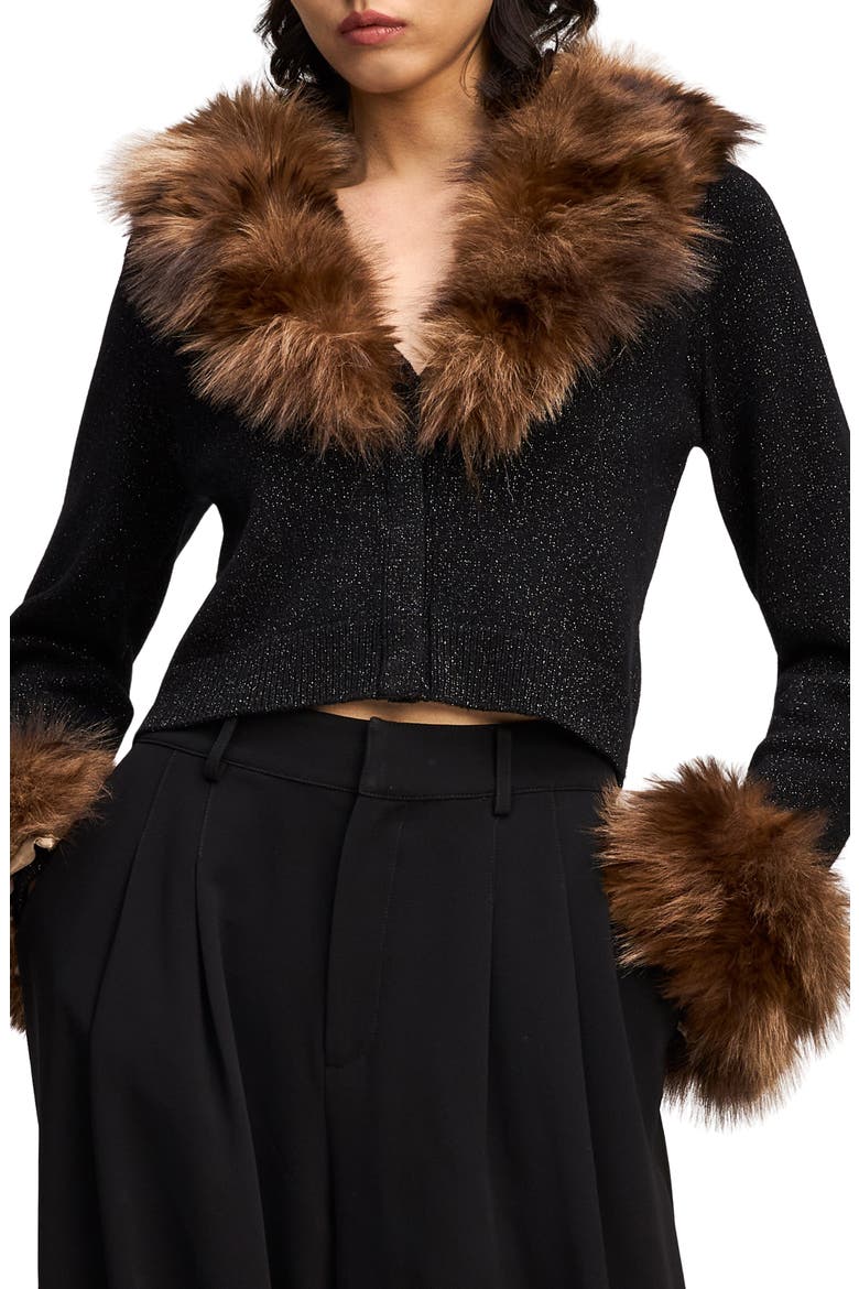 Della Faux Fur Trim Cardigan, Main, color, BLACK