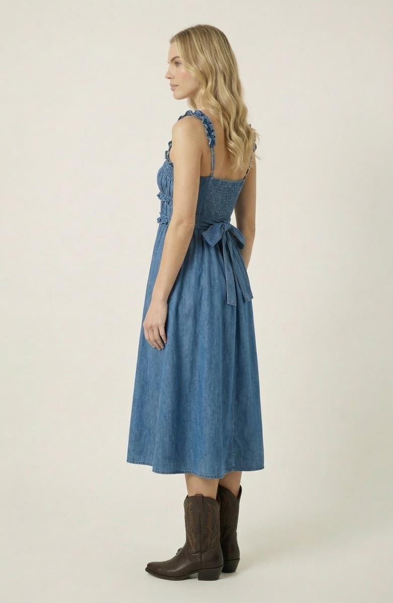 Modenaire Smocked Bodice Midi Dress with Ruffled Straps, Alternate, color, Medium Wash Blue