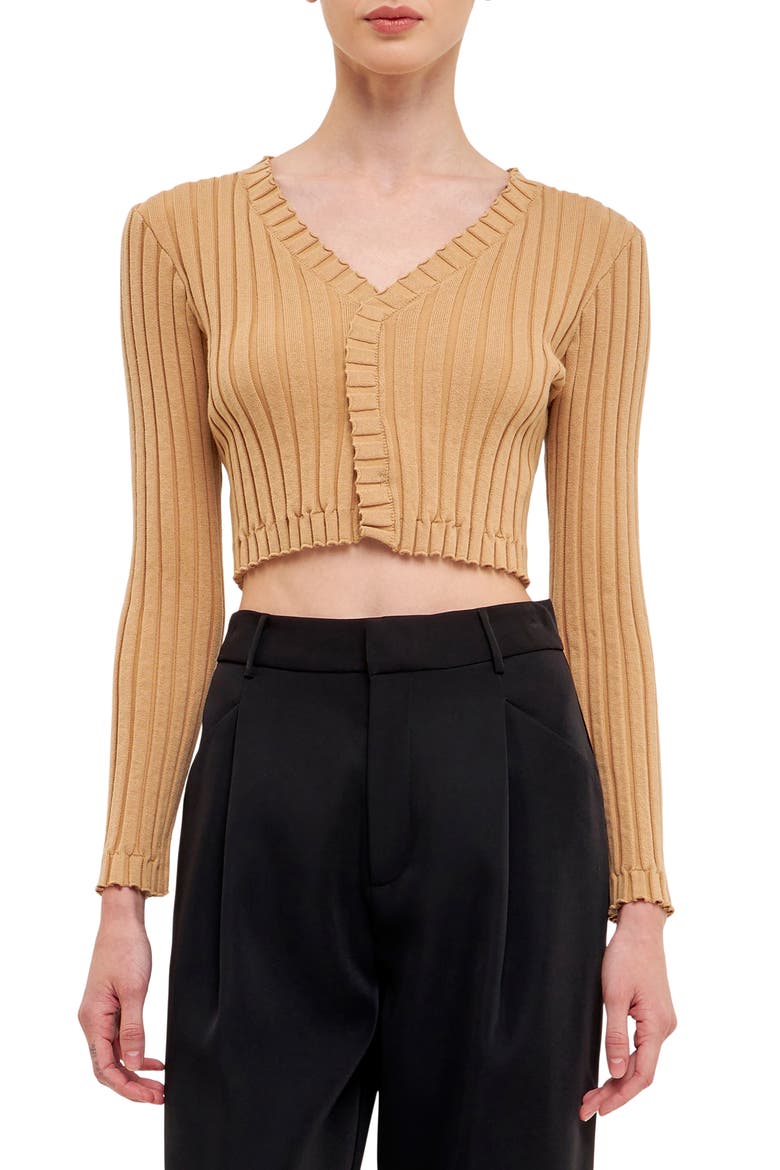 Crop Lettuce Edge Long Sleeve Top, Main, color, CAMEL