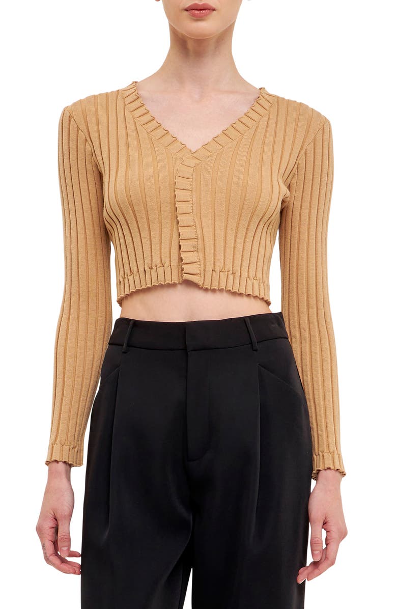 Endless Rose Crop Lettuce Edge Long Sleeve Top, Main, color, Camel
