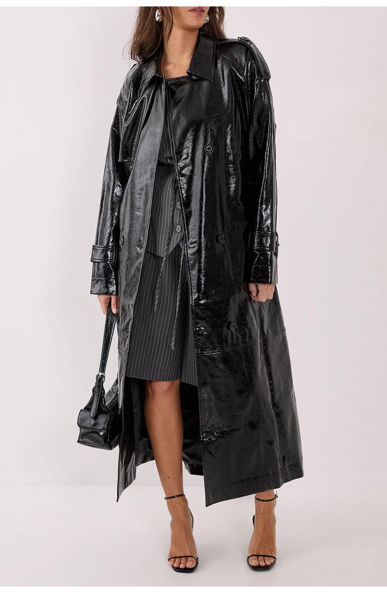NASTY GAL High Shine Faux Leather Trench Coat, Alternate, color, Black