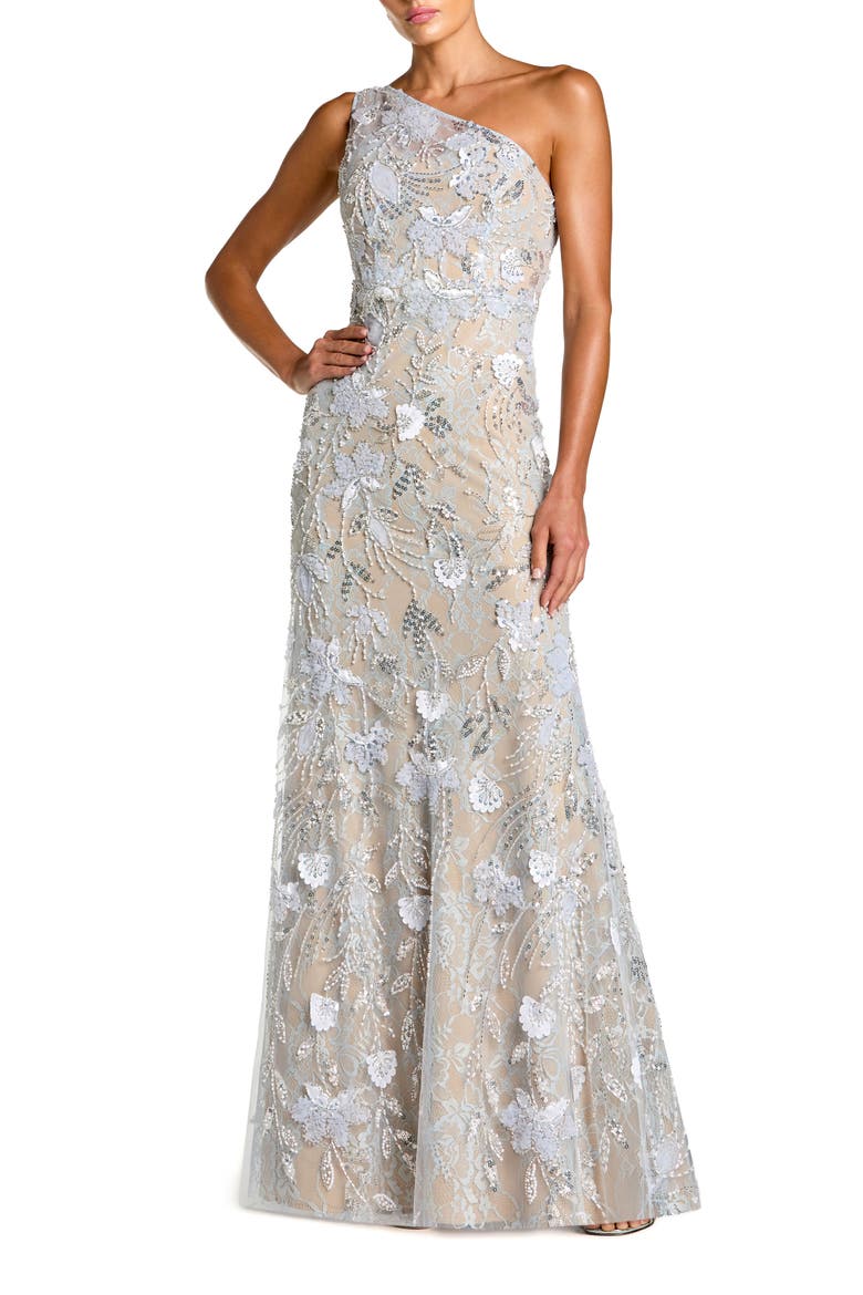 Petite One Shoulder Lace Embroidered A Line Gown, Main, color, Powder Blue