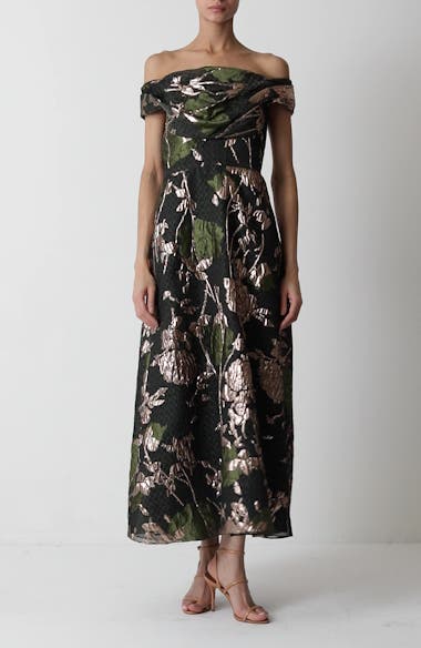 Lela Rose Women's Floral Draped Metallic Fil Coup Fit & Flare Dress - Green - Gowns Lela Rose Women's Floral Draped Metallic Fil Coup Fit & Flare Dress - Green - Gowns