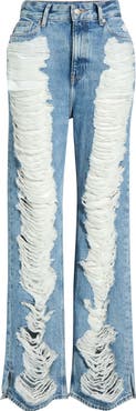 Good American The Khloé High Waist Ripped Denim Straight Leg Jeans