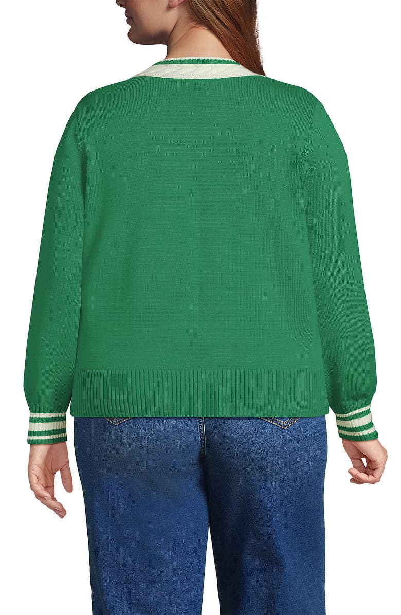 Lands' End Drifter Set in Sleeve Vneck Sweater, Alternate, color, Vibrant Clover/Ivory Tipping