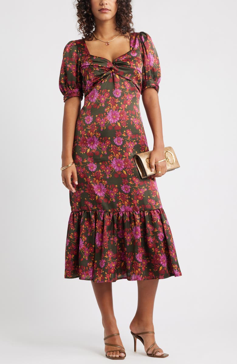 Chelsea28 Twist Front Puff Sleeve Satin Midi Dress, Main, color, Green Multi Enchanted Blooms