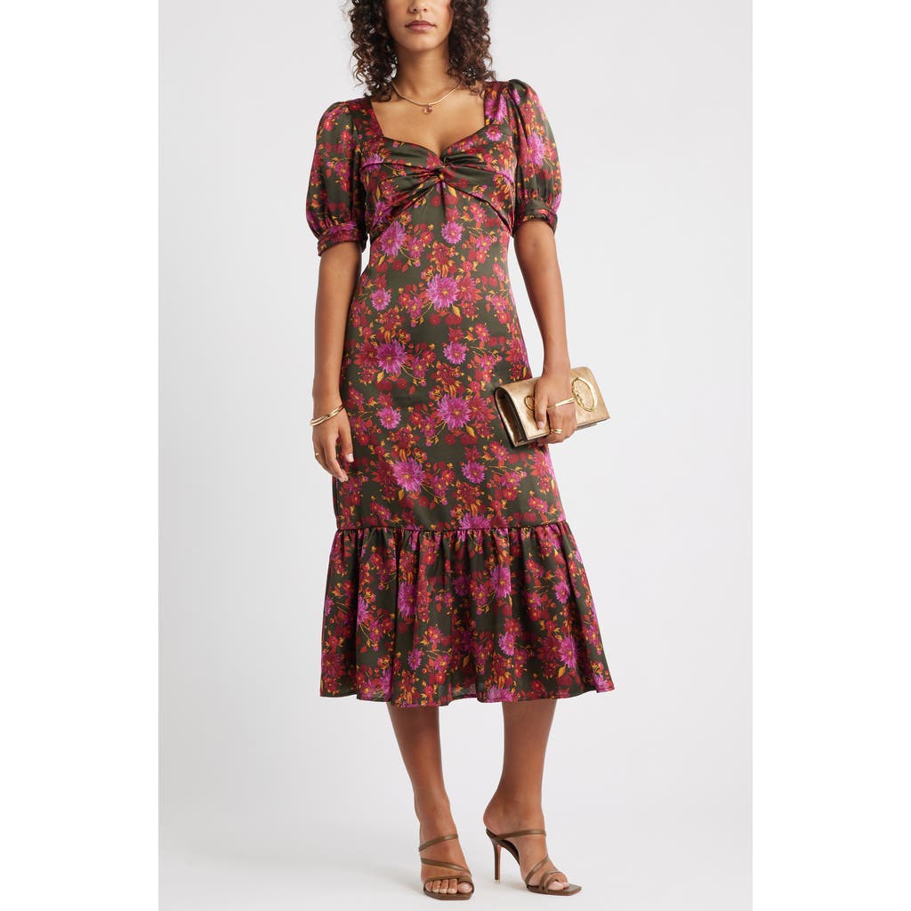 Chelsea28 Twist Front Puff Sleeve Satin Midi Dress In Multi