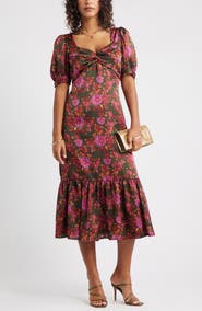 Chelsea28 Twist Front Puff Sleeve Satin Midi Dress