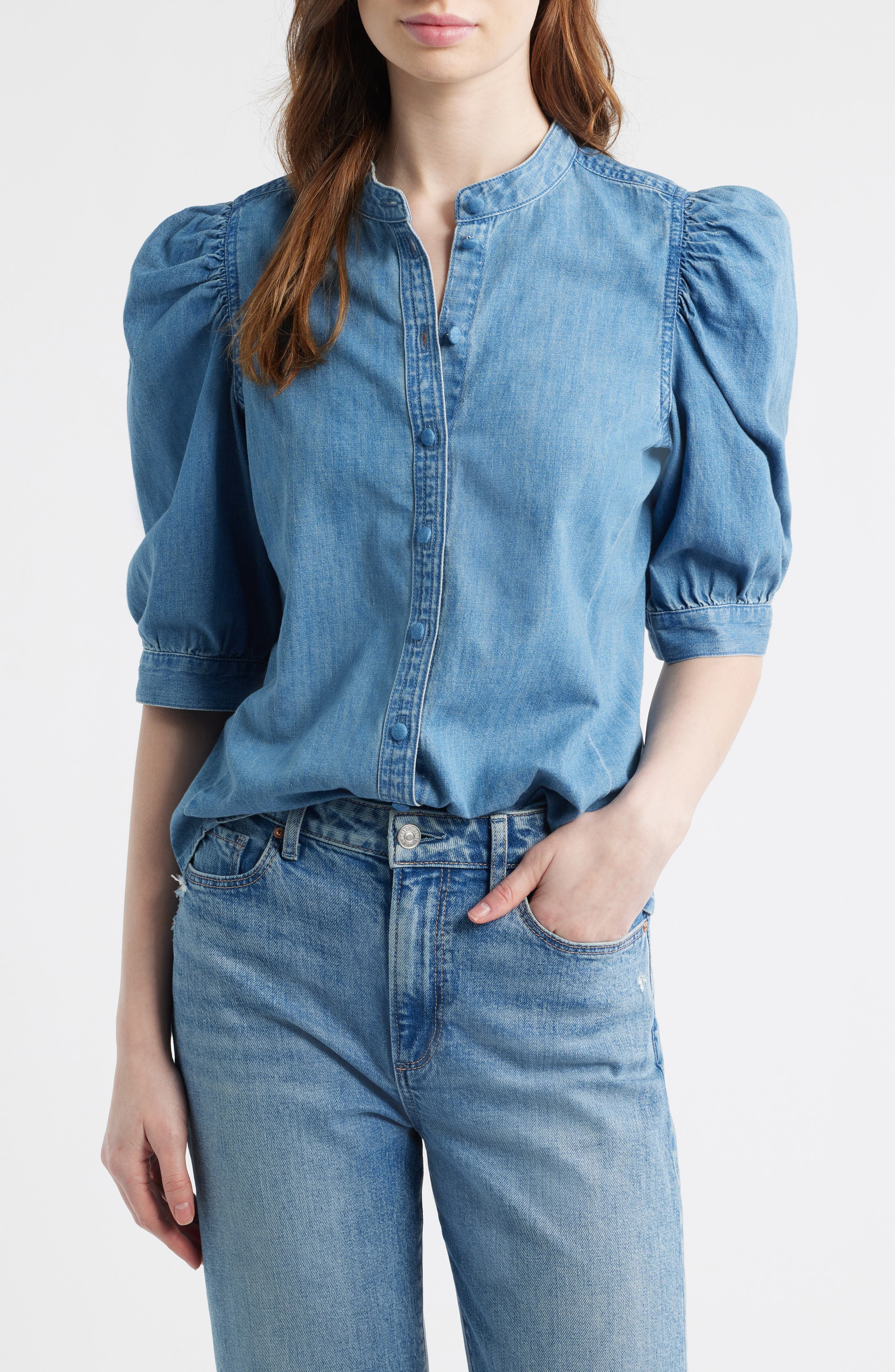 Band Collar Puff Sleeve Denim Button-Up Shirt