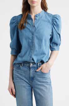 Band Collar Puff Sleeve Denim Button-Up Shirt