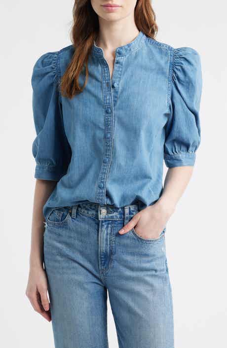 Band Collar Puff Sleeve Denim Button-Up Shirt