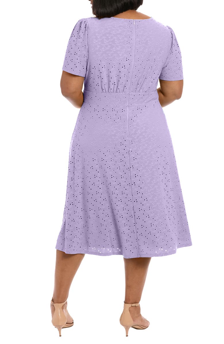 London Times Eyelet Short Sleeve Empire Waist Midi Dress, Alternate, color, Violet Tulip
