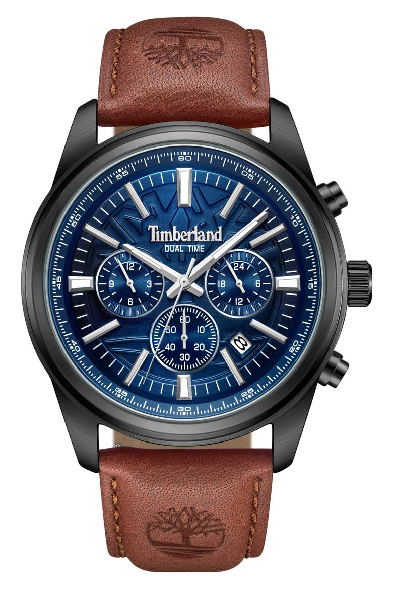 Northbridge Multifunction Chronograph Leather Strap Watch, 45mm, Main, color, BROWN