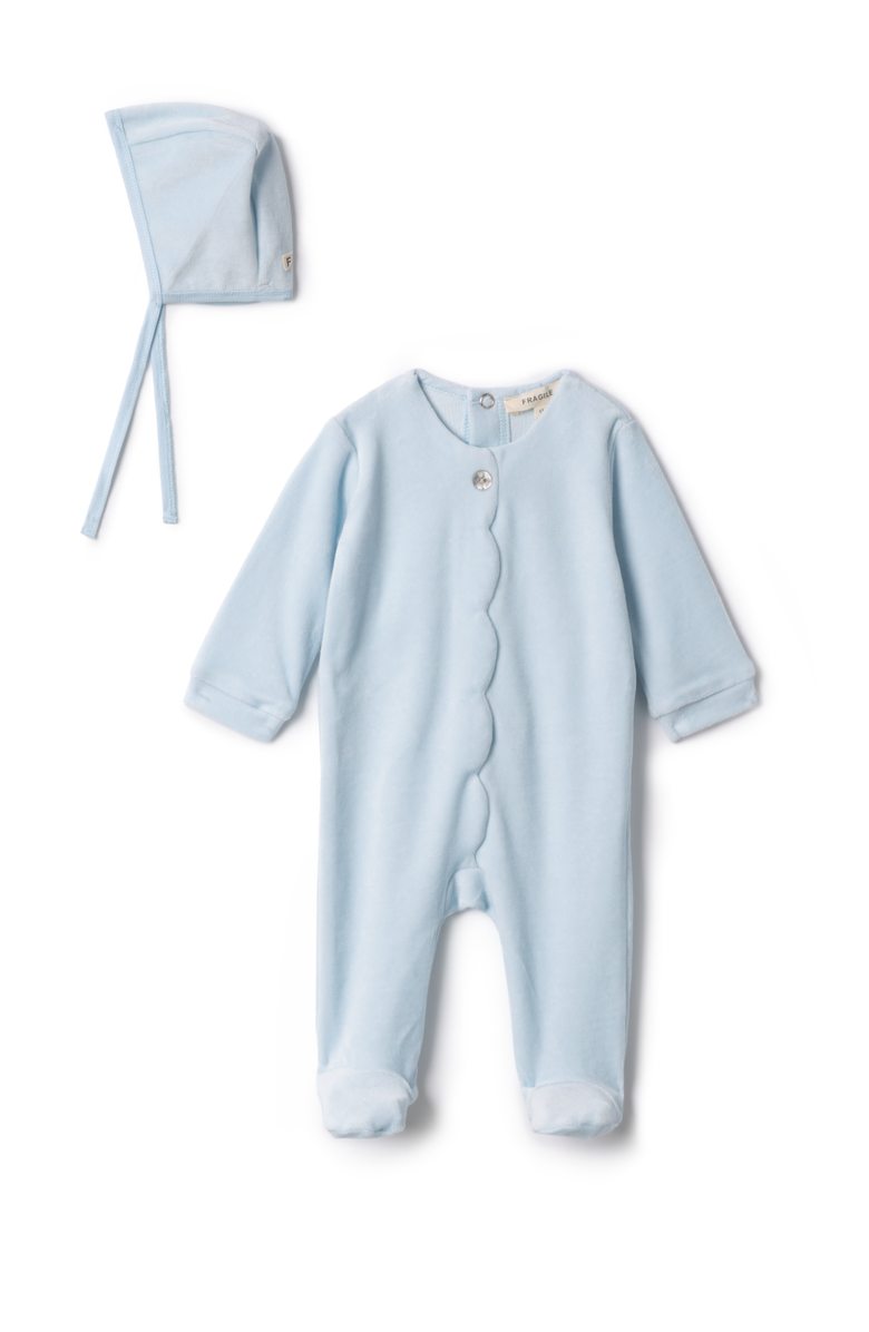 Fragile Boy Cotton Velour Scallop Romper with Bonnet, Main, color, Baby Blue